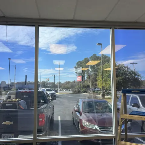 Storefront glass, inside view