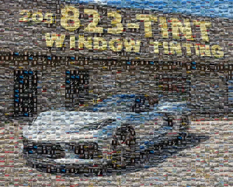 A 2026 Corvette in front of our 823-TINT sign, built from hundreds of smaller photos of cars, homes and businesses we have tinted